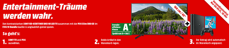 ? Knaller! Sony KD 65XF7005   65 Zoll 4K Fernseher + Sony PlayStation 4 (500 GB) + Fifa 19 für 999€ (statt 1.1359€)