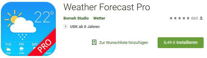 Weather Forecast Pro (Android) gratis statt 5,49€