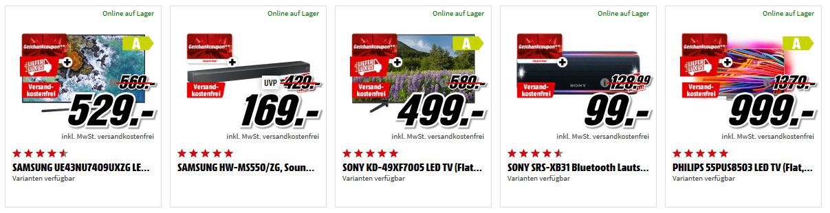 Media Markt Mega Marken Sparen: günstige Artikel von Samsung, Sony, Philips und Huawei + Geschenkgutscheine