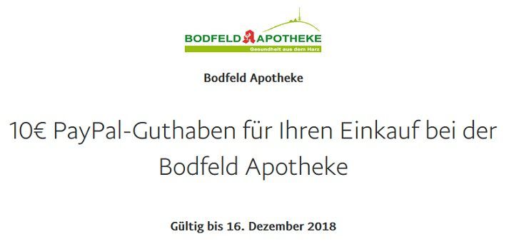 Vorbei! Gratis 10€ Paypal Guthaben für euren Einkauf bei der Bodfeld Apotheke