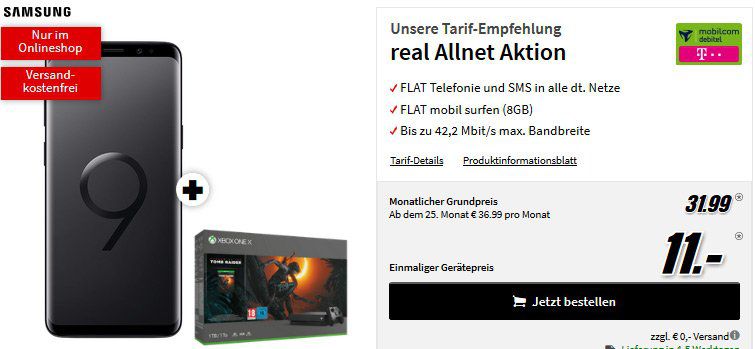 ?MediaMarkt TOP 5 Singles Day Tarifangebote? z.B. SAMSUNG Galaxy S9 Dual SIM & Microsoft Xbox One S 1TB Konsole für 11€ + 31,99€ mtl.