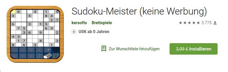 Sudoku Meister (Android) gratis (statt 3,09€)