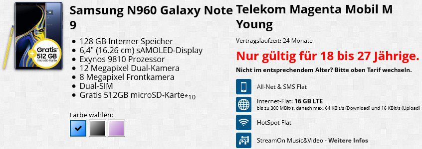 ?Knaller! Eff. GRATIS! Samsung Galaxy Note 9 (128GB) + 512GB SD + Dockingstation für 4,95€ + 16GB LTE & Telekom All Net