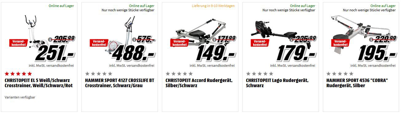 Media Markt Fitness Top Form mit Fitnesgeräten zum Top Preis   z.B. Hammer Sport Waterstream Rudergerät für 799€ (statt 999€)