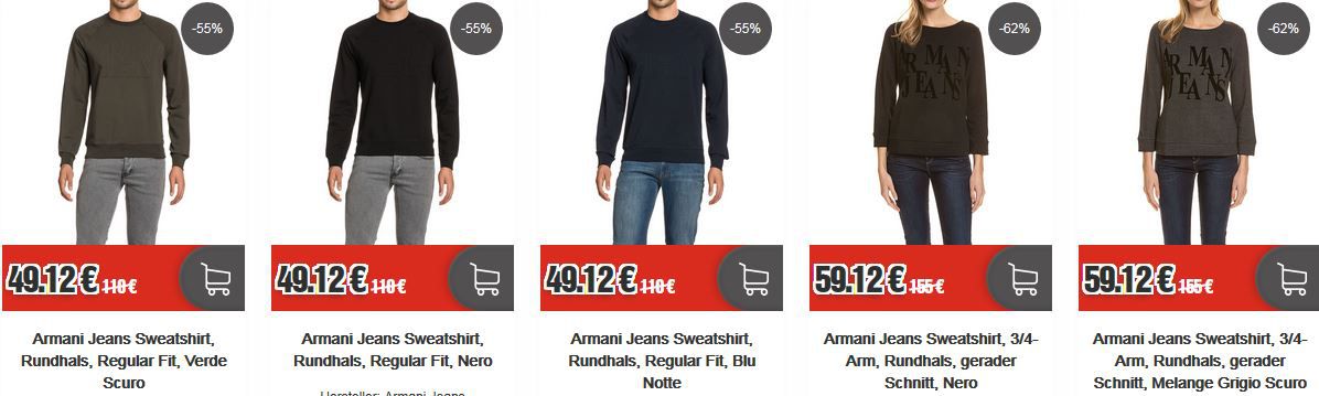 HOT! Markenpullover & Sweatshirt Sale bei top12   bis 64% Rabatt z.B. Armani Jeans Sweatshirt für 49,12€