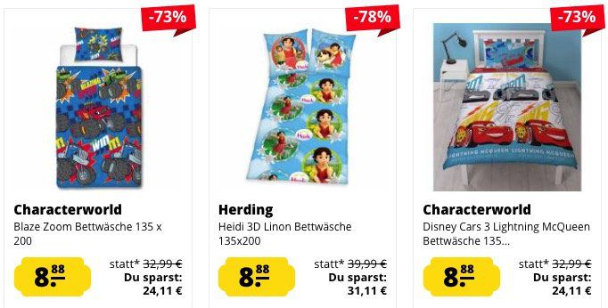 Kinder Bettwäsche mit versch. Motiven für je 8,88€