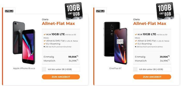 Vodafone Allnet Flat von otelo mit 10GB LTE für 34,99€ mtl. + Top Smartphones ab 4,95€ (z.B. OnePlus 6T für 39,95€)