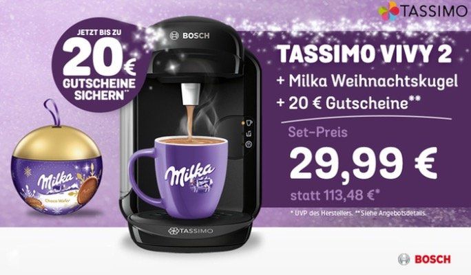 Tassimo Vivy 2 + Milka Weihnachtskugel + 20€ Gutscheine für 26,99€