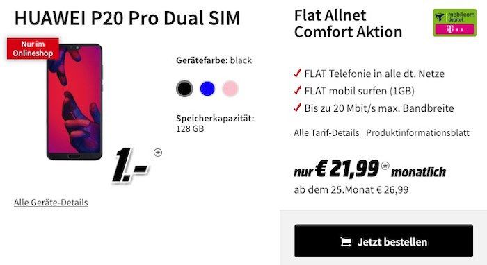 Huawei Highlights in der Media Markt Tarifwelt   z.B. Huawei P20 Pro nur 1€ + Telekom Allnet mit 1GB für 21,99€ mtl.