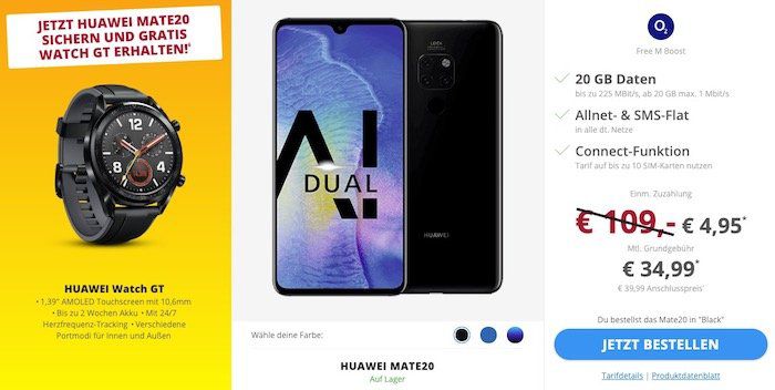 Huawei Mate 20 + Huawei Watch GT für 4,95€ + o2 Free M Boost inkl. Connect Funktion und 20GB LTE für 34,99€ mtl.