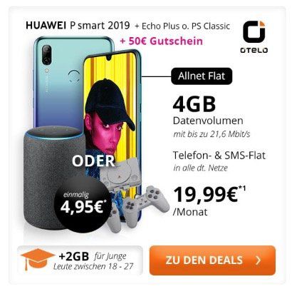 Huawei P smart 2019 + Echo Plus oder Playstation Classic für 4,95€  + Vodafone Flat von otelo mit 4GB für 19,99€ mtl.
