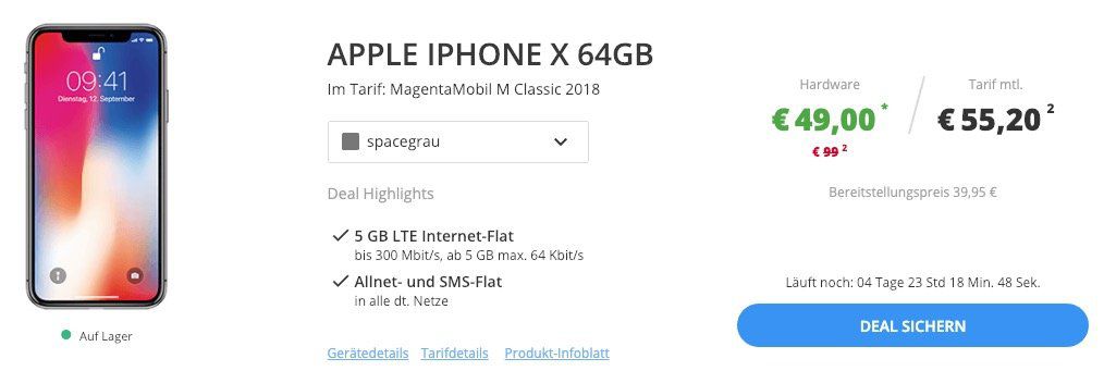 Telekom MagentaMobil S/M mit 2,5GB bzw. 5GB LTE für 45,20€/55,20€ mtl. + z.B. iPhone X für nur 49€