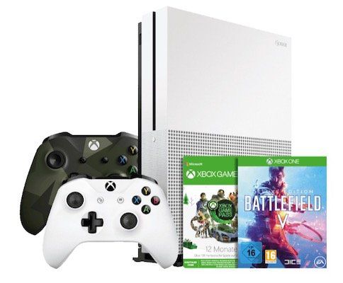 Xbox One S 1TB + 2 Controller + 1 Jahr Game Pass + Battlefield 5 + Battlefield 1 + Battlefield 1943 + Fallout 76 für 231€ (statt 279€)