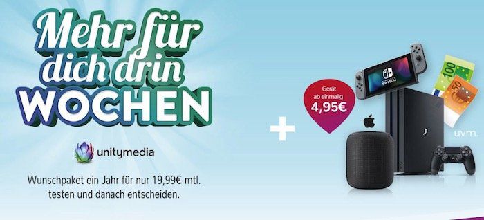 Unitymedia Angebote bei Handyflash   z.B. 2play Fly 400 effektiv 34,95€ mtl. + PS4 Pro inkl. FIFA 20 für 130€