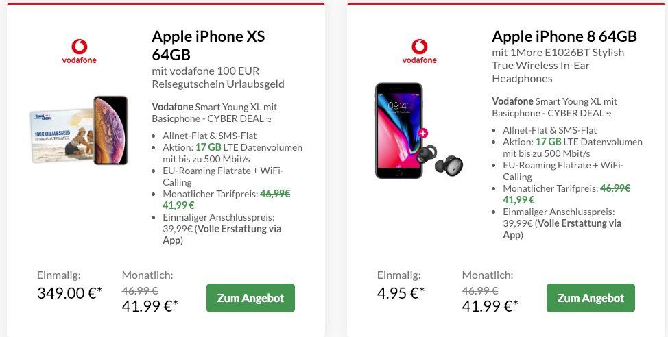 Vodafone Smart XL mit 11GB LTE (junge Leute 17GB LTE) für nur 41,99€ mtl. + Top Smartphone (z.B. iPhone 8 nur 4,95€)