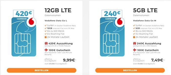 Vodafone DataGo 5GB oder 12GB LTE Datentarife dank Auszahlung für 7,49€ bzw. 9,99€ mtl. + 100€ Reisegutschein