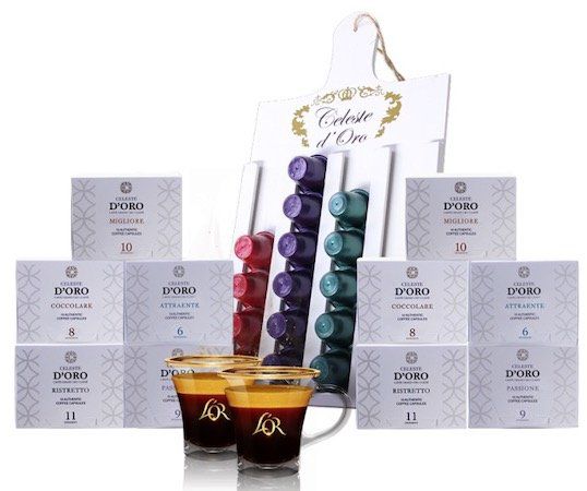 Celeste d'Oro Probierpaket - 100 Kapseln Nespresso kompatible + gratis Kapselhalter + 2 Kaffeegläser für 29,99€ Celeste dOro Probierpaket 100 Kapseln Nespresso kompatible + gratis Kapselhalter + 2 Kaffeegläser für 29,99€