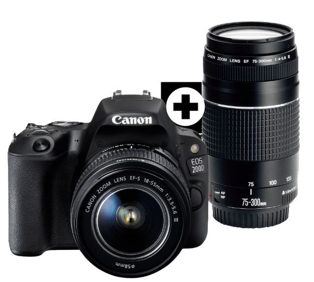 Canon EOS 200D   24MP DSL Kamera + 18 55 mm + 75 300 mm Objektiv, WLan u. Touchscreen für 577€ (statt 650€)