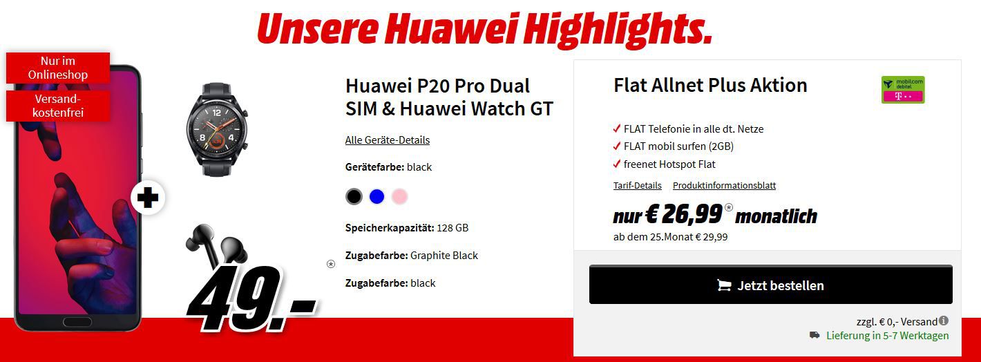 ? Knaller! Huawei P20 Pro Dual SIM + Huawei Watch GT + Huawei FreeBud In Ears für 49€ (statt 894€) + Telekom AllNet +  2GB Daten für 26,99€