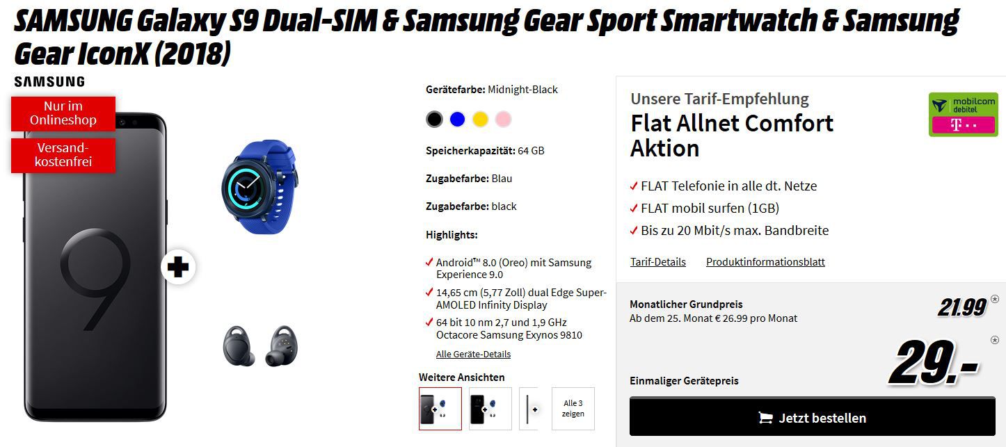 TOP! Samsung S9 Dual SIM + Gear Sport Watch + Gear iconX Bluetooth inEars für 29€ (statt 842€) + Telekom AllNetflat 1GB Daten 21,99€ mtl.