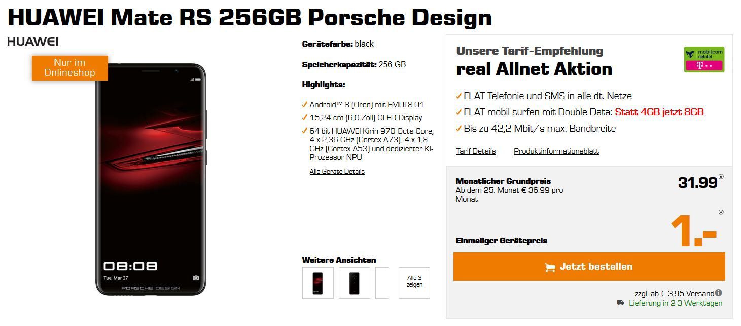 Vorbei! HUAWEI Mate RS Porsche Design 256 GB für 1€ (statt 979€) + Telekom AllNet + 8GB Daten für 31,99€ mtl.