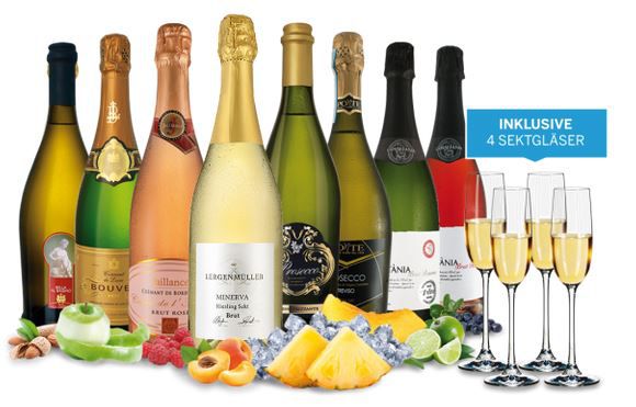 8 Flaschen Sekt & Co. aus 4 Ländern für 74,95€ + 4 Sektgläser + Aromarad gratis