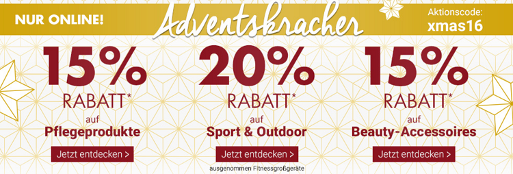 Karstadt Adventskracher mit 15% Rabatt auf Pflegeprodukte, Beauty Accessoires und 20% auf Sport  & Outdoor Artikel + VSK freier Versand