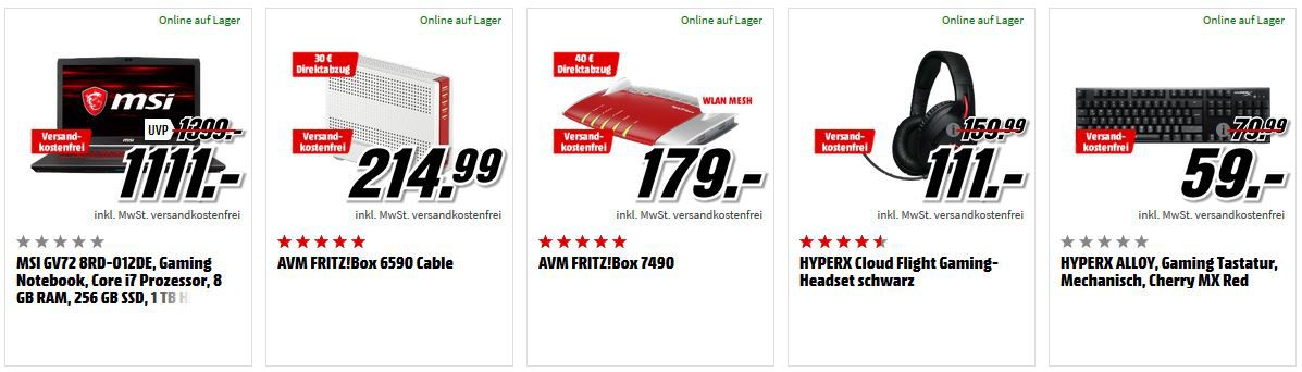 Media Markt GiGaGünstig Sale: PC Hardware & Zubehör reduziert z.B. MSI GV72 Gaming PC  für 1.111€ (statt 1.399€)