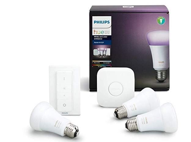 PHILIPS Hue White & Color Ambiance StarterSet + 3 LED E 27 + Dimmer für 103,05 (statt 134€)