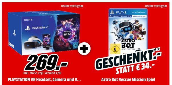 Playstation VR Brille + Kamera + VR Worlds + Astro Bot Rescure Mission ab 269€