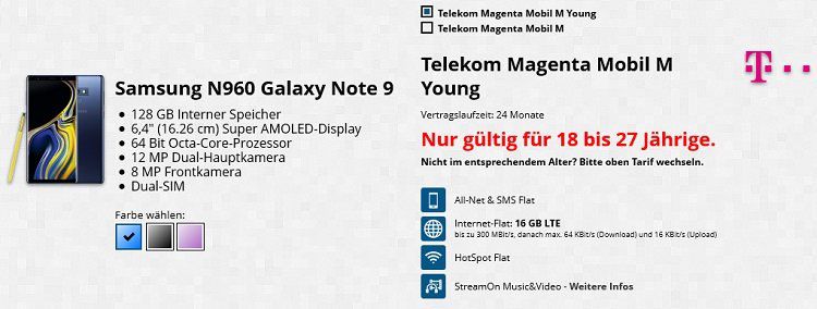 Samsung N960 Galaxy Note 9 + Galaxy 8 + Samsung KFZ Set für 99€ + Telekom Magenta Mobil mit bis zu 16 GB Datenvolumen ab 39,95€ mtl.