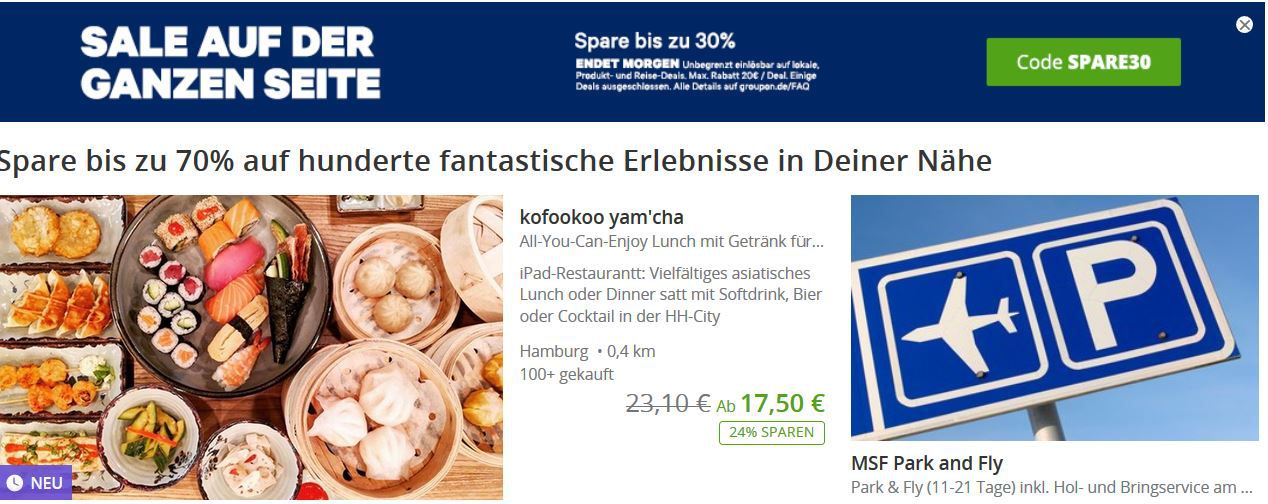 Weekend Sale: bis 30% Rabatt auf ausgewählte lokale   Reisen   Produkt Angebote bei Groupon bis Mitternacht