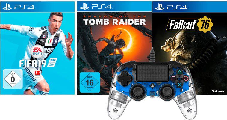 Nacon Wired Compact Controller + Fifa 19 (PS4) +  Shadow of the Tomb Raider (PS4) + Fallout 76 (PS4) für 76,99€ (statt 117€)