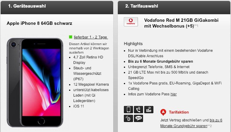 Vodafone Red M 21GB GiGakombi mit Wechselbonus (bis zu 6 Monate keine Grundgebühr) für 39,99€ mtl. + iPhone 8 oder Galaxy S9+ für 69€