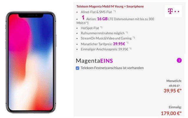 Junge Leute: iPhone X für 179€ + Telekom Flat mit 16GB LTE + StreamOn Music&Video und Gaming für 39,95€ mtl.   nur mit MagentaEINS