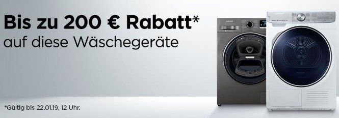 Samsung Wäschegeräte mit bis zu 200€ Sofort Rabatt bei AO   z.B. Samsung WD72J5A00AW Waschtrockner für 499€ (statt 550€)