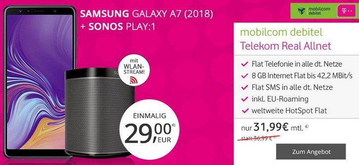 Sonos Play:1 + Samsung Galaxy A7 (2018) 64GB für 29€ + Telekom Allnet Flat mit 8GB für 31,99€ mtl.