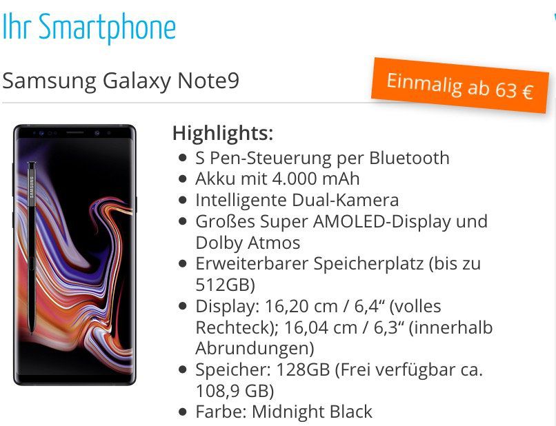 Abgelaufen! Samsung Galaxy Note 9 für 63€ + o2 Allnet Flat mit 5GB LTE für 17,99€ mtl.   effektiv 85€ Gewinn!