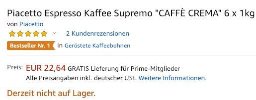 Fehler? 6kg Piacetto Espresso Kaffee Supremo Caffè Crema ganze Bohne für 22,64€   nur 3,77€ pro Kilo!