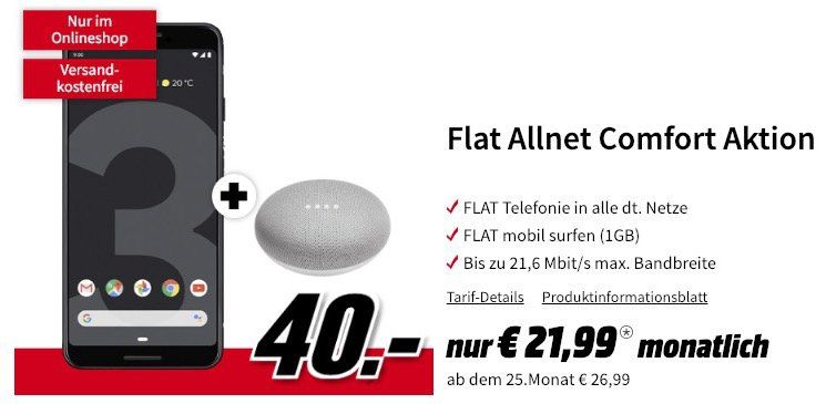 Google Pixel 3 & Home Mini für 40€ + Vodafone Flat mit 1GB für 21,99€ mtl.