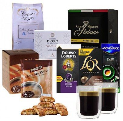 Nespresso Winterpaket Kapseln (110 Stück) + 2 doppelwandige Gläser + Kakao + Kekse für 29,99€