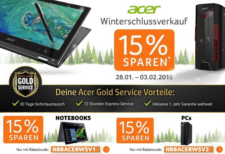 Acer WSV bei Notebooksbilliger   z.B. Acer Swift 3 mit i5 + 256GB für 636,65€ (statt 780€)