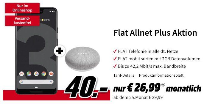 Google Pixel 3 XL & Home Mini für 40€ + Vodafone Allnet Flat mit 2GB für 26,99€ mtl.