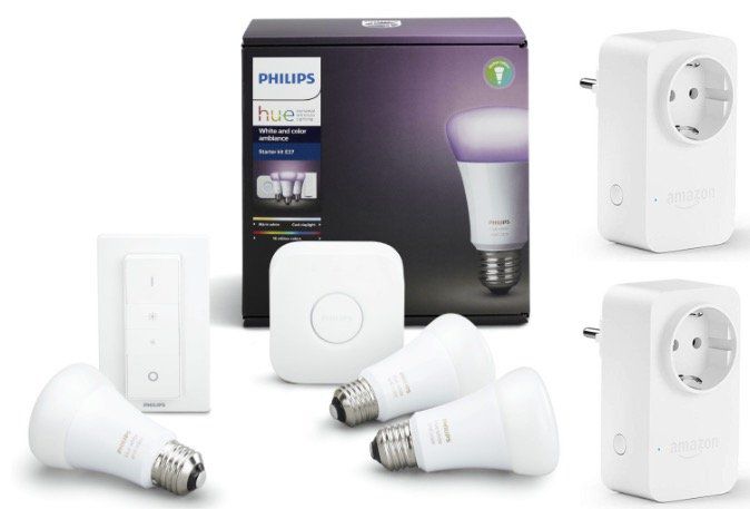 Philips Hue White & Color Ambiance Starter Kit E27 + 2x Amazon Smart Plug für 149,85€ + 30€ Cashback