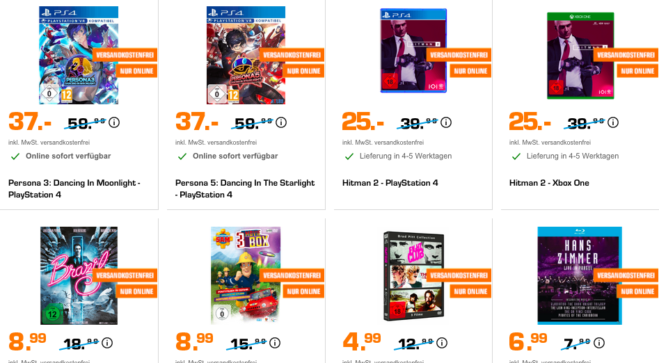 Saturn Entertainment Weekend Deals: z.B. Hitman 2 (PS4 & Xbox) für 25€