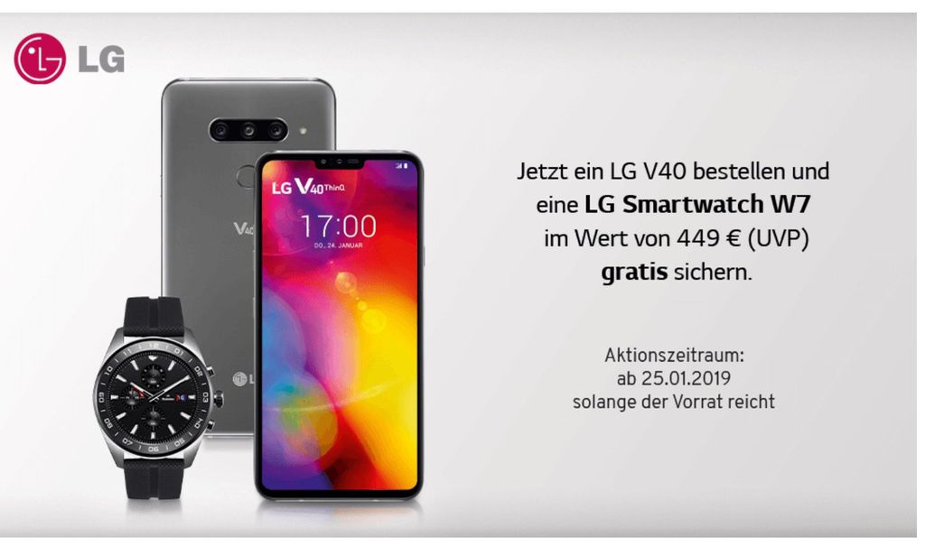 ? LG V40 ThinQ + LG Watch W7 für 49,99€ (Wert 1192€) einmalig + O2 Allnet Flat mit 1GB mntl. 28,99€