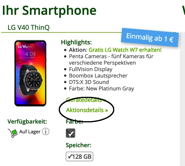 ? LG V40 ThinQ + LG Watch W7 für 49,99€ (Wert 1192€) einmalig + O2 Allnet Flat mit 1GB mntl. 28,99€