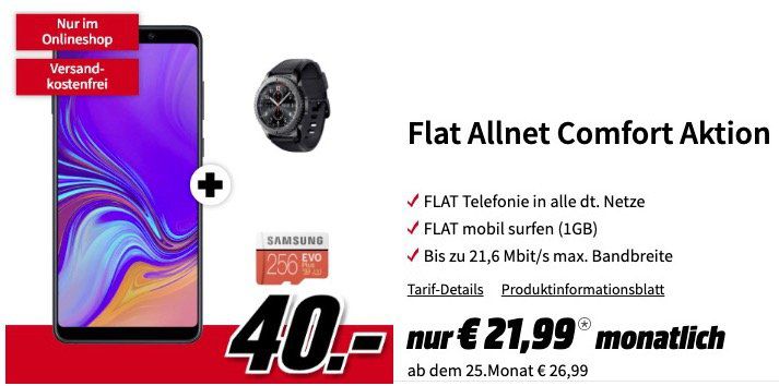 Samsung Galaxy A9 + Gear S3 frontier + MicroSDXC 256GB für 40€ + Vodafone Allnet Flat mit 1GB für 21,99€