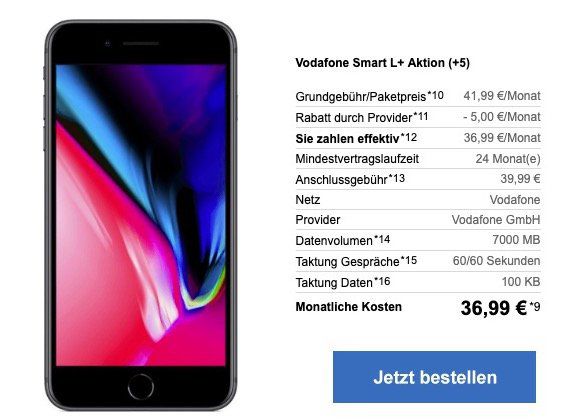 iPhone 8 für 9,95€ + Vodafone Smart L mit 7GB LTE für 36,99€ mtl.   junge Leute 12GB LTE!