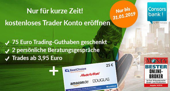 Kostenloses Young Trader Konto bei der Consorsbank mit 75€ Trading Guthaben + 25€ BestChoice Gutschein   bereits ab 3,95€ pro Trade